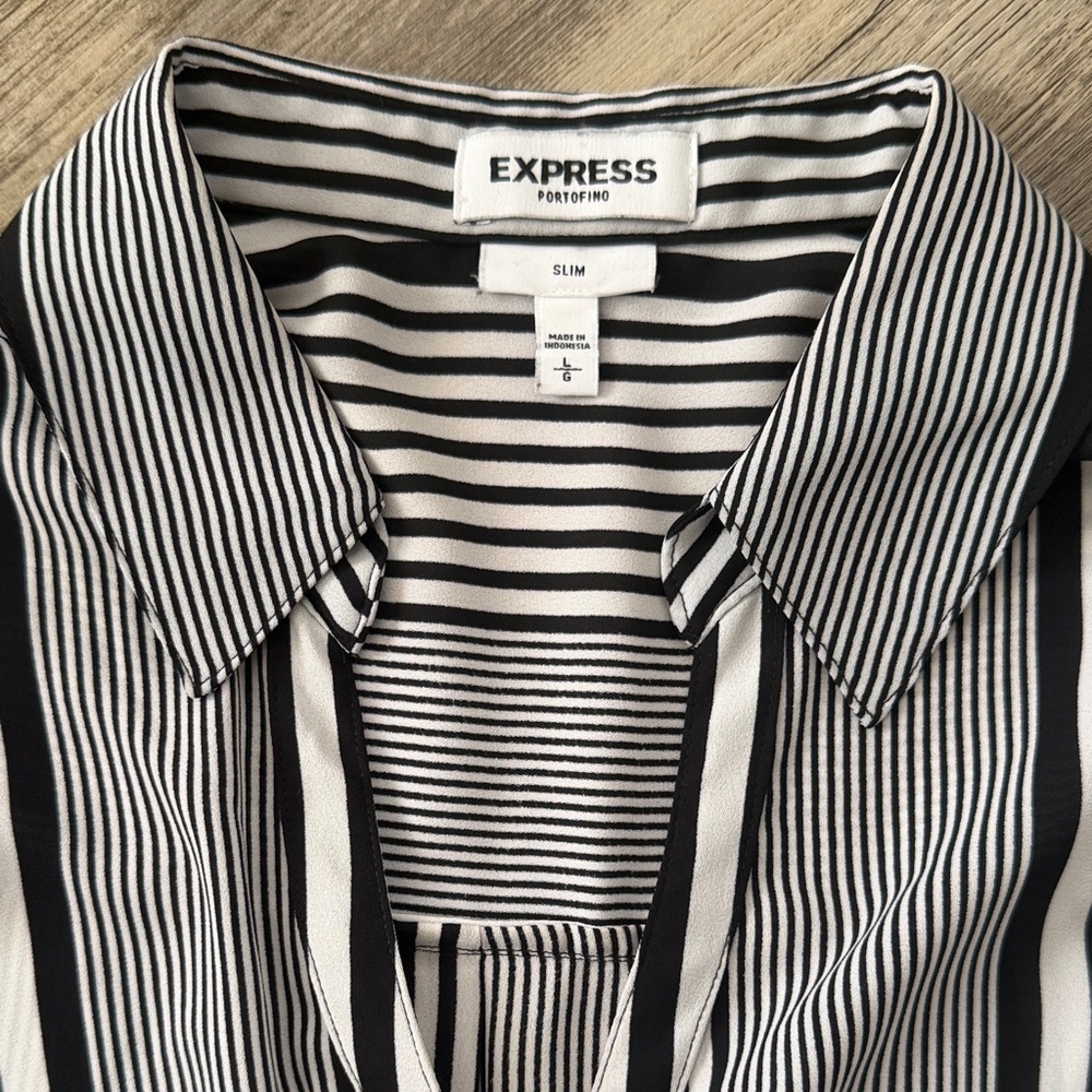 Express Navy & White Vertical Stripe Blouse - Picture 4 of 4